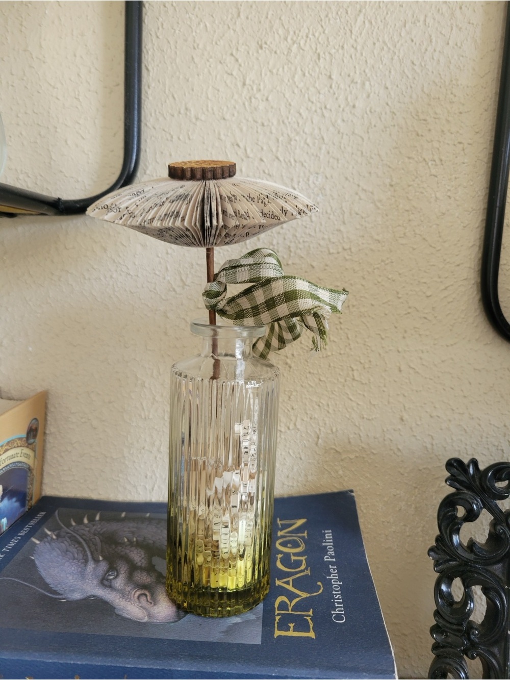 Handmade Paper Flower with beautiful ribbed vase and Green Gingham Bow
